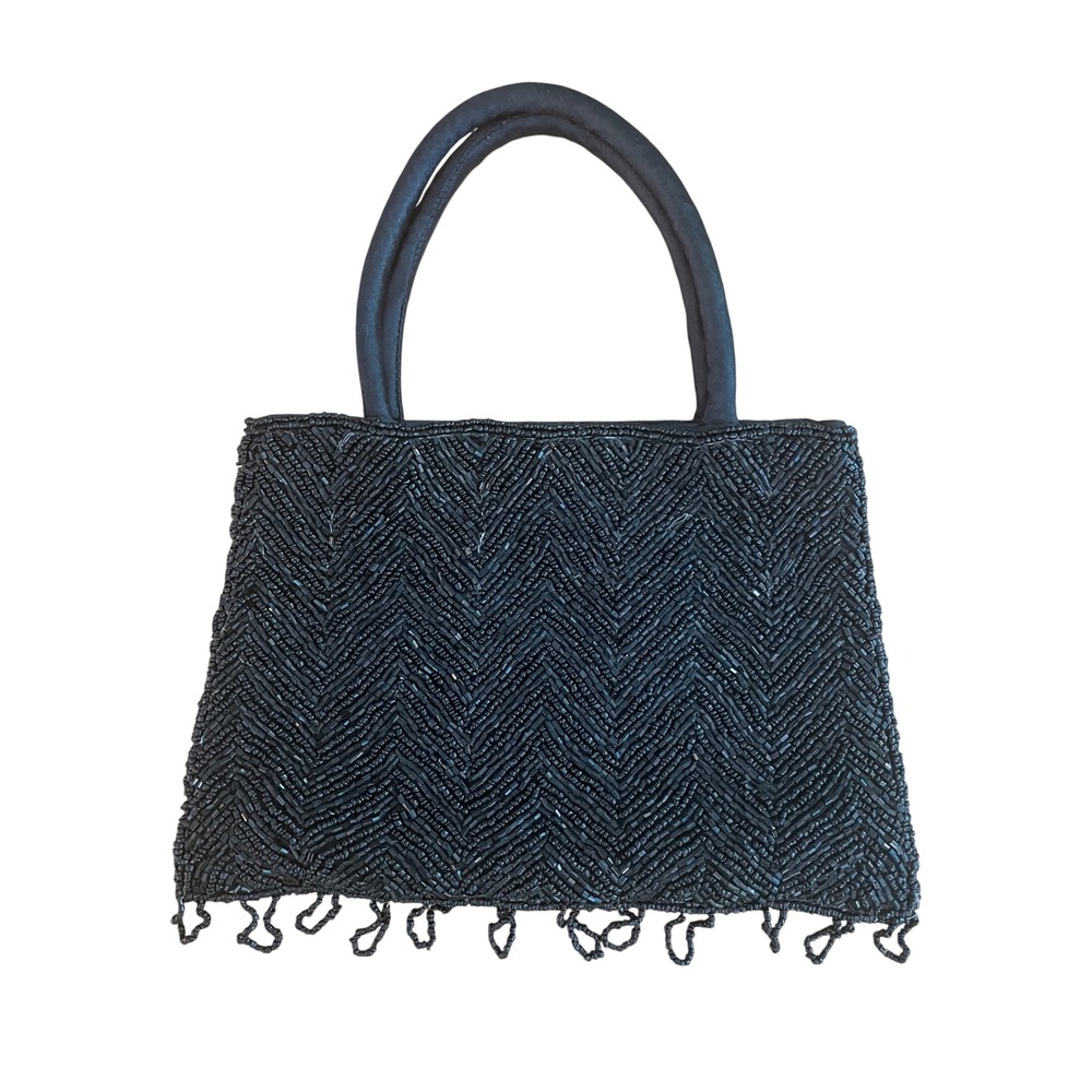Vintage Black Beaded Chevron Fringe Satin Top Handle Evening Bag Small Handbag